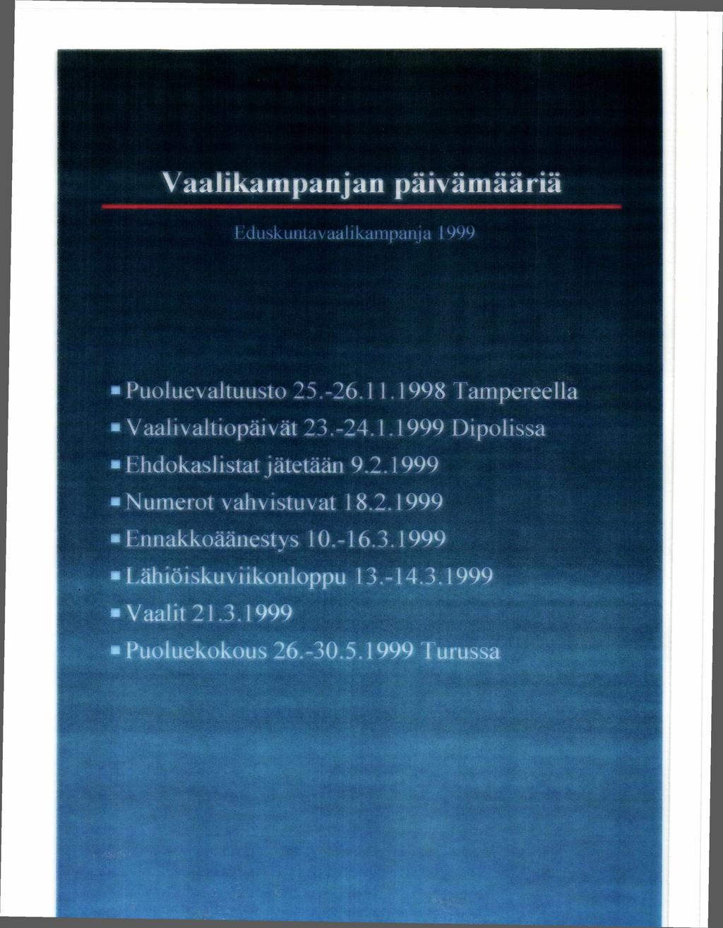 Vaalikampanjan päivämääriä Tduskuntav aalikampanj a 1999 Puoluevaltuusto 25.-26.11.1998 Tampereella Vaali valtiopäivät 23.-24.1.1999 Dipolissa Ehdokaslistatjätetään 9.