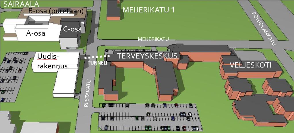 8 Vaihtoehto G tyydyttävästi Nykyisen rakennuksen (sairaala A-osa) matala kerroskorkeus rajoittaa lvitekniikan toteuttamista Meijerikadun kiinteistö ja Veljeskoti voidaan jättää hankkeen ulkopuolelle