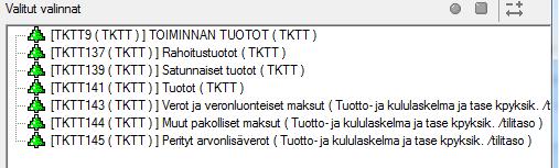 Raportin käyttäjä voi halutessaan suodattaa näistä arvoista yhden tai useamman. Tilivuosi ja Tilikausi (väli) ovat pakollisia syöttötietoja. Arvot voi syöttää käsin, esim.