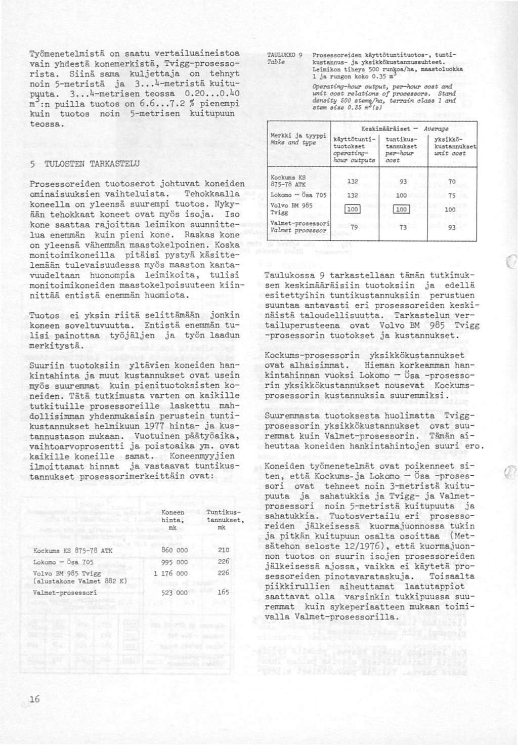 Työmenetemistä on saatu vertaiuaineistoa vain yhdestä konemerkistä, Tviggprosessorista. Siinä sama kujettaja on tehnyt noin metristä ja 3 4metristä kuitup~uta. 3 4metrisen teossa.