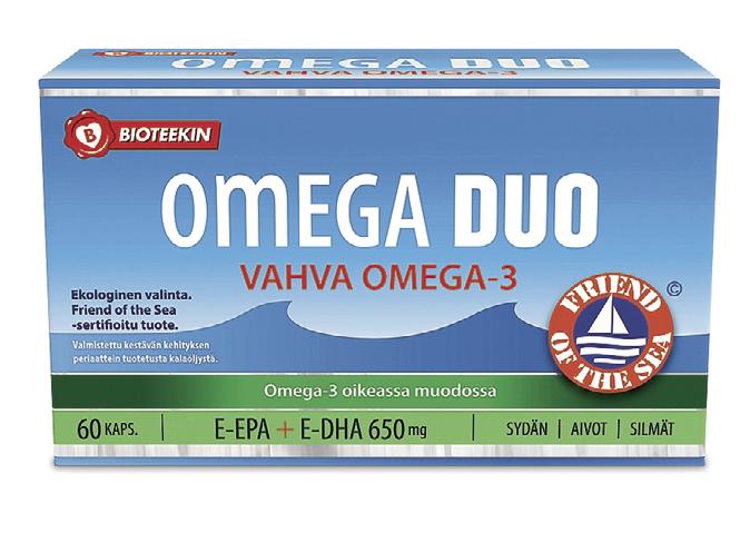 Vahva, puhdas kalaöljy TÄHTITARJOUS! OMEGA DUO Jos ruokavalioon kuuluu vain vähän kalaa, varmista riittävä EPAn ja DHAn saanti turvallisesti.