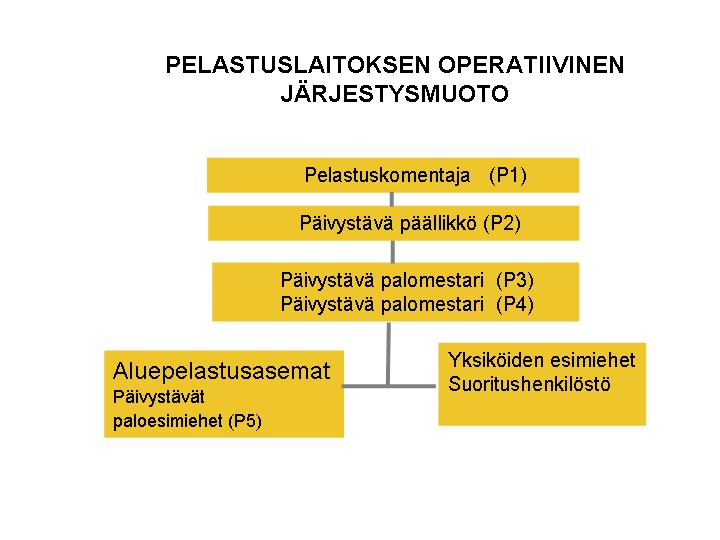 Pelastusjoukkueen johtajia on päivittäisessä työvuorossa kaksi. Pelastuskomppanian johtajia työvuorossa on yksi. Pelastusyksikön johtajan sijaisena voidaan käyttää miehistöön kuuluvaa.