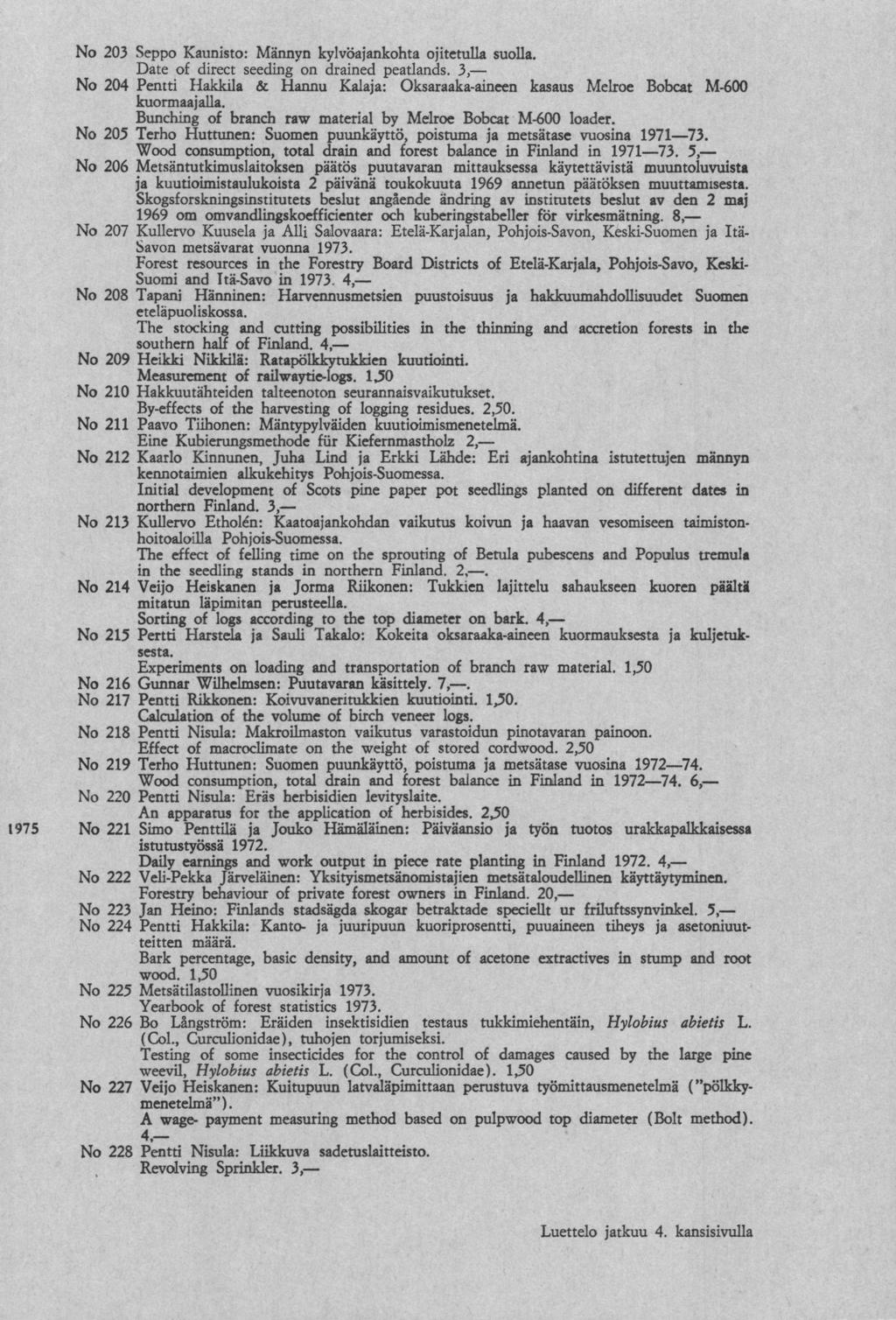 203 Seppo Kaunisto: Date 204 Pentti Männyn kylvöankohta direct seedg Hakkila draed Hannu & ojitetulla suolla. peatls. 3, Oksaraaka-aeen Kala: kasaus Melroe Bobcat M-600 kuormaalla.
