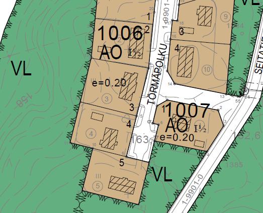 15/19 Voimassa oleva asemakaava Voimassa olevassa asemakaavassa suunnittelualue on lähivirkistysaluetta (VL) ja erillispientalojen korttelialuetta (AO), kerrosluku on 1½ ja tehokkuus e=0.20.