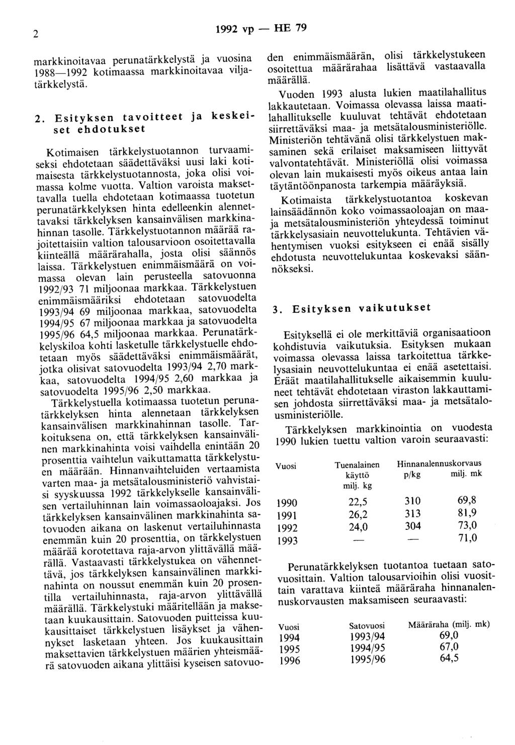 2 1992 vp- HE 79 markkinoitavaa perunatärkkelystä ja vuosina 1988-1992 kotimaassa markkinoitavaa viljatärkkelystä. 2.