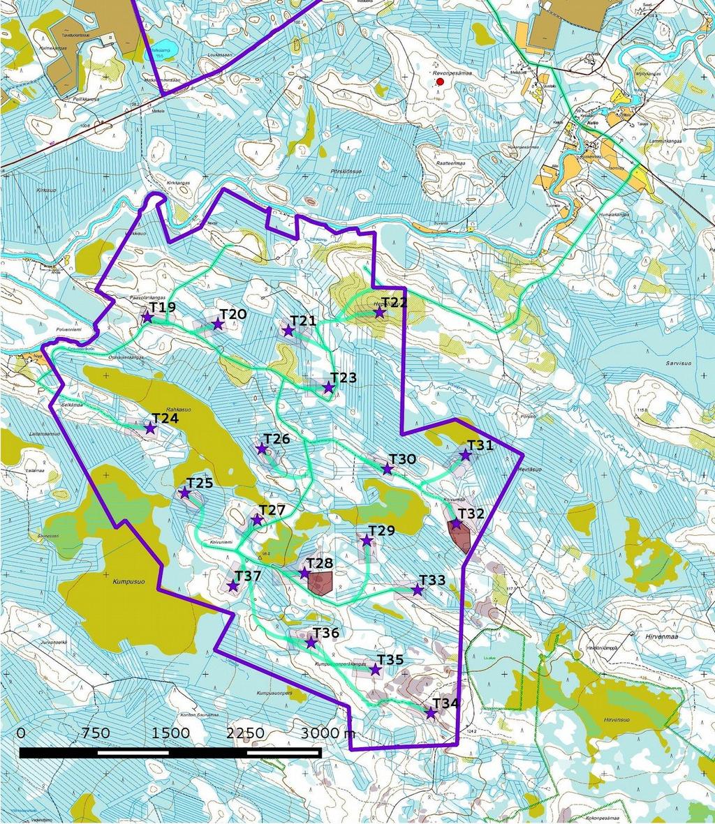 4 Kartta 2a. Eteläinen alue / Hepoharju. Hankealueen rajaus violettina viivana, voimalapaikat tähtenä ja tielinjaukset vihreänä.