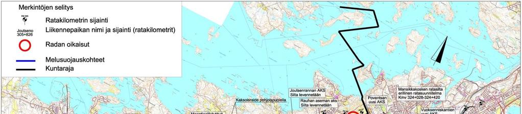 Yleiskartta, Kaksiraiteinen osuus, kilometriväli 305+050 325+320, pituus n. 20 km.