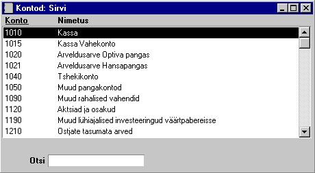 ldine moodul Ð Kontode register Konto otsimine Vasakpoolses tulbas nšed kontonumbrit, parempoolses nimetust. Nimekirja ŸmberjŠrjestamiseks osuta soovitud tulba pealkirjale.