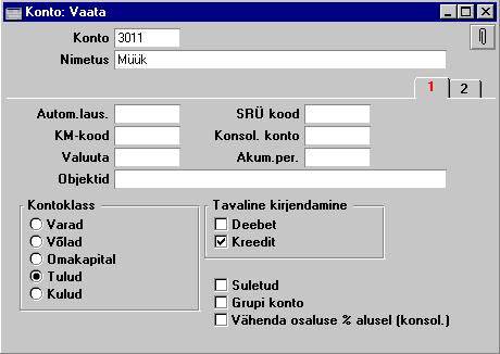 Avaneb aken ÔKonto: VaataÕÑ PŠis Konto Nimetus Kontonumbri pikkuseks v ib olla 2-10 tšhemšrki. Konto nimetus v i kirjeldus.