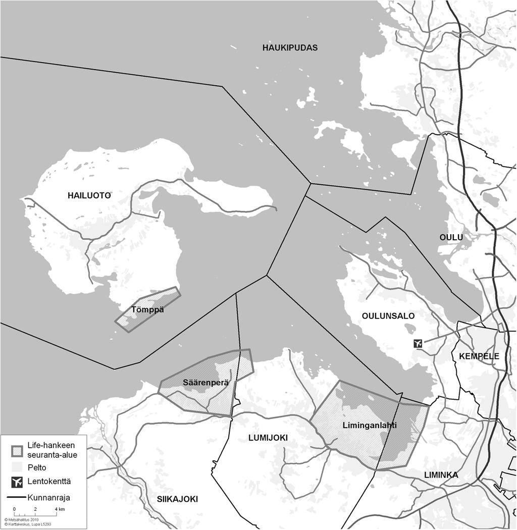 Kiljukkaiden tärkeimmät levähdyspaikat Oulun seudulla Tömppä-Sääri 9 km,