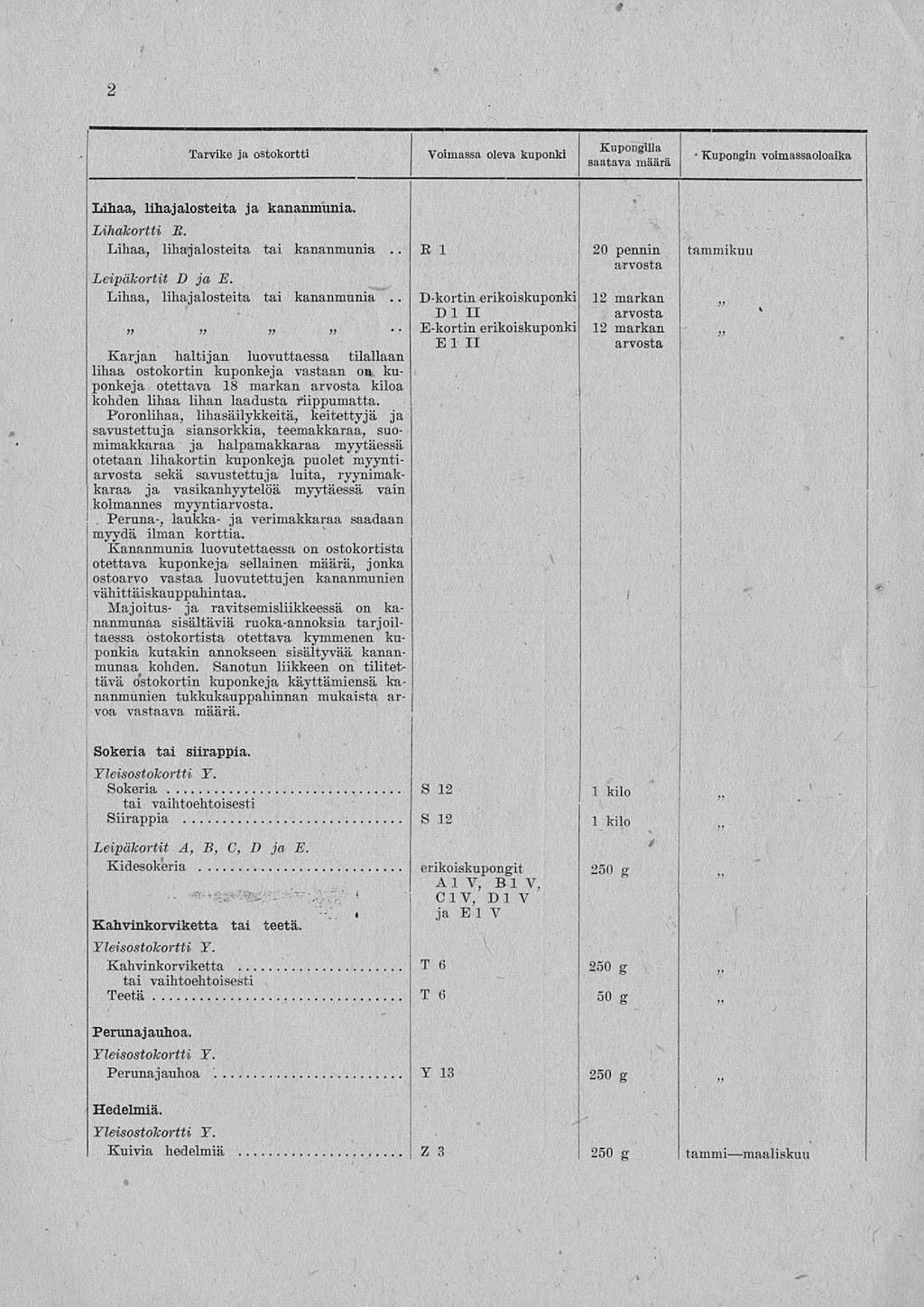 i Sokeria I D-kortin. E-kortin 2 Tarvike ja ostokortti Voimassa oleva kuponki s Kupongin voimassaoloaika Lihaa, lihajalosteita ja kananmunia. Lihäkortti B.