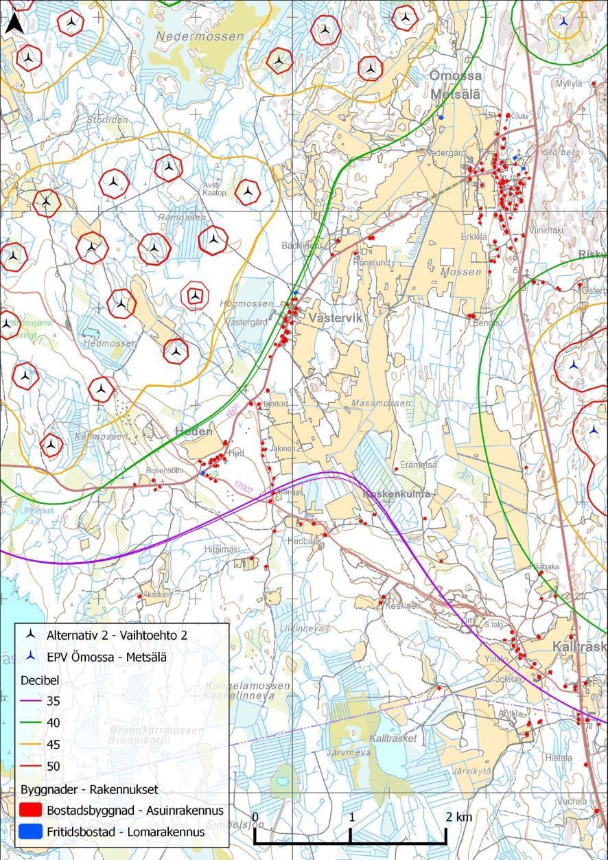 Alternativ 1 - Vaihtoehto 1 Kuva 51: Muutos äänen etenemisessä sen jälkeen, kun tuulivoimalan