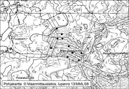 Kankaanpäässä tutkitut suot ja niiden turvevarat. Osa 3 24. Hangassuntti Hangassuntti (kl. 1233 07, x = 6869,5, y = 1568,6) sijaitsee noin 17 km Kankaanpään keskustasta pohjoiseen.