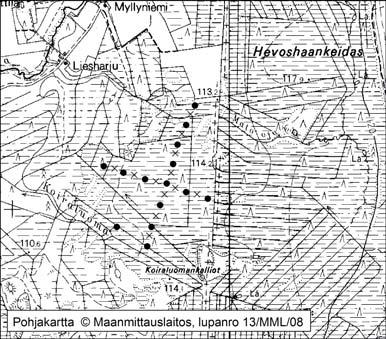 Kankaanpäässä tutkitut suot ja niiden turvevarat. Osa 3 32. Hevoshaankeidas Hevoshaankeidas (kl. 1233 10, x = 6868,1, y = 1574,7) sijaitsee noin 17 km Kankaanpään keskustasta pohjoiseen.