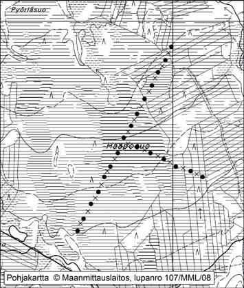 Pyhännällä tutkitut suot ja niiden turvevarat, Osa 1 41. Haaposuo Haaposuo (kl. 3413 04, x = 7109,2, y = 3472,9) sijaitsee noin 16 km Pyhännän keskustasta kaakkoon.