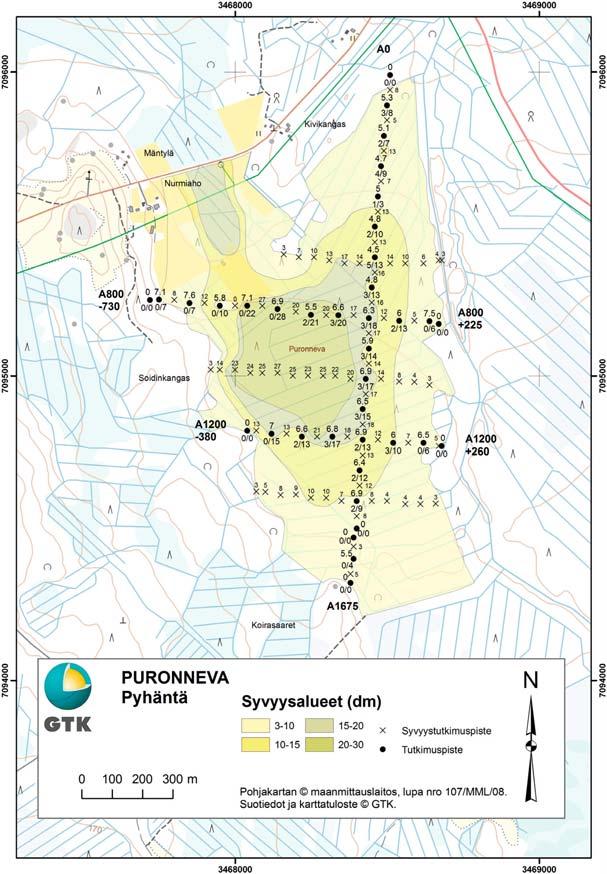 Pyhännällä tutkitut suot ja niiden turvevarat, Osa 1 Kuva 2. Esimerkki suokartasta.