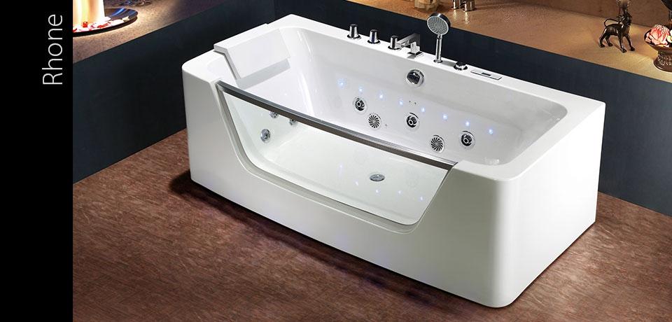 RHONE 170 x 85 x 58 cm AKRYYLIALLAS + E-DRIVE TOUCH Pohjaventtiili + ylivuotosuoja, terapiavalaistus ja turvalasi etupaneeli E-DRIVETM TOUCH LCD näyttö Digitaalisesti ohjattu vesihieronta ja