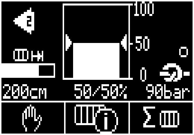 Pääikkunan näytöt: Puristusvoima (%) Palkkinäytön alapuolella oleva ensimmäinen arvo () ja palkin () korkeus osoittavat nykyisen puristusvoiman (%).