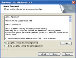 1. Verkkoon liittäminen 1.2 LiveViewer in asentaminen (jatkuu) 6) Näkyviin ilmestyy Lisenssisopimus -ikkuna. Mikäli hyväksyt sen, valitse I accept the terms of the license agreement ja paina [Next].