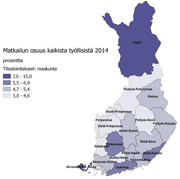 Matkailutoimialojen työllisten osuus kaikista työllisistä Koko maan 5,5 % osuutta korkeampi matkailutoimialojen työllisten osuus oli Lapin ja Ahvenanmaan lisäksi myös