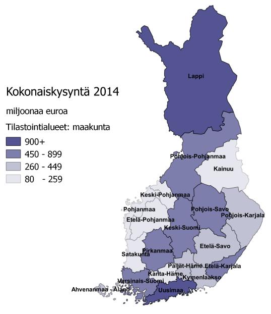 Matkailun kokonaiskysyntä maakunnittain Alueellisesti matkailukysyntä painottuu Uudenmaan lisäksi erityisesti Lappiin, Varsinais-