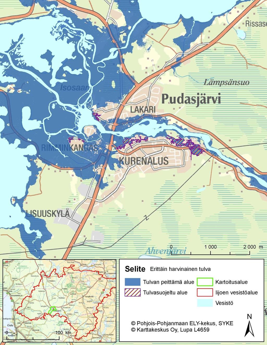 Kuva 1. Merkittävä tulvariskialue Pudasjärven keskusta. Kartassa on esitetty tulva-alue, joka kuvaa erittäin harvinaista tulvaa.