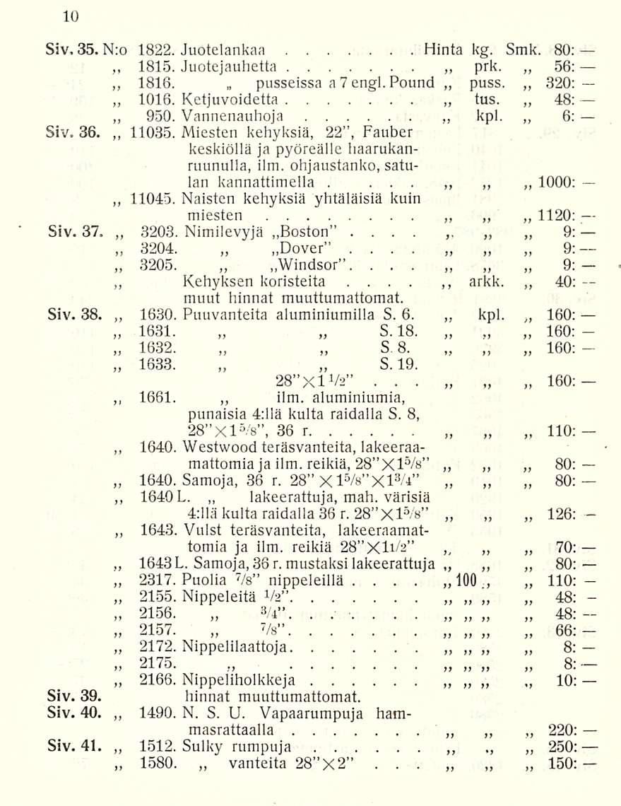 1640 lakeerattuja, pusseissa Siv 35 N:o 1822 Juotelankaa Hinta kg Smk 80; 1815 Juotejauhetta prk 56: 1816 a 7 englpound puss 320: 1016 Ketjuvoidetta tus 48: 950 Vannenauhoja kpl 6: Siv 36 11035