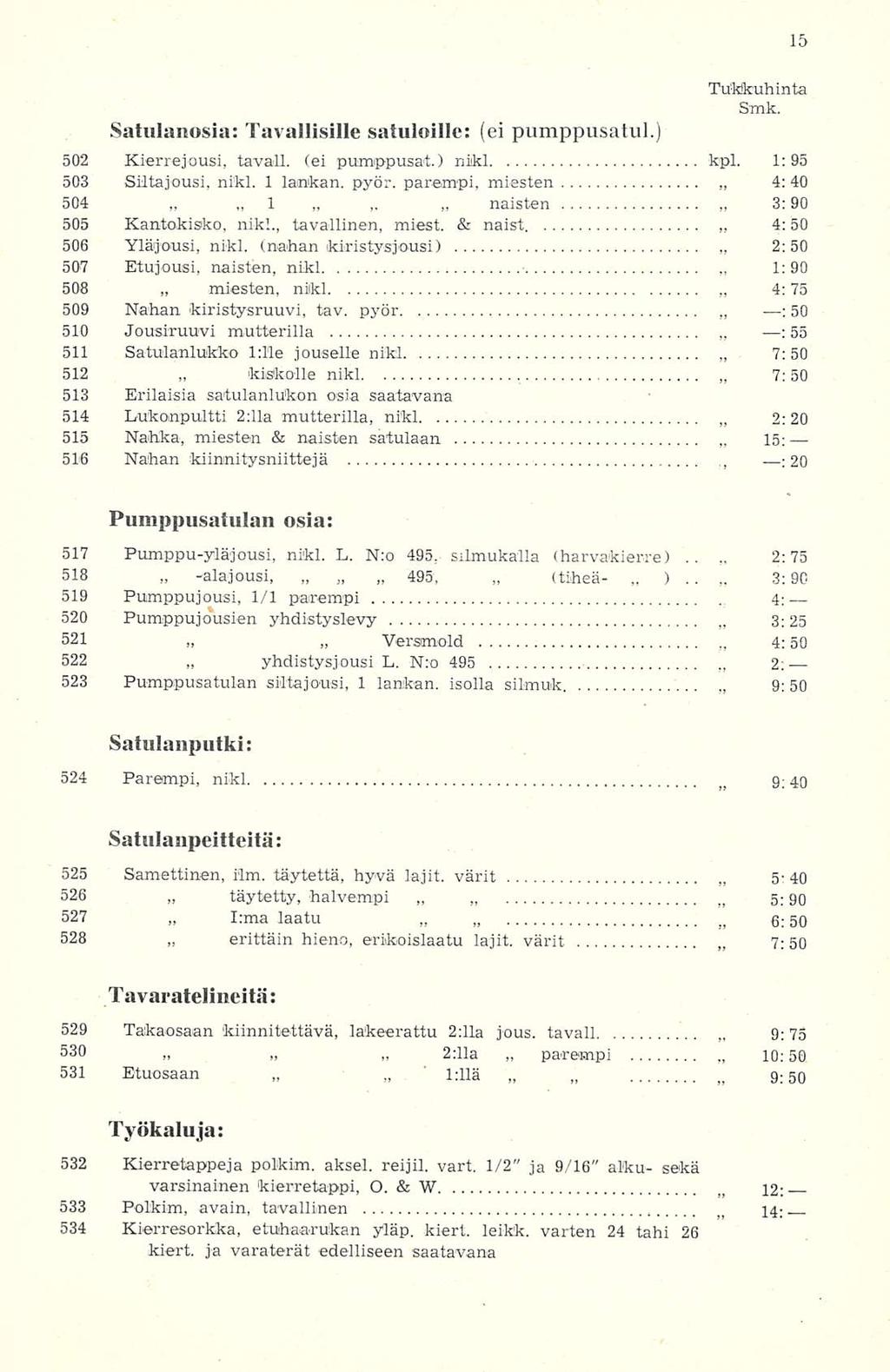 -alajousi, täytetty, I:ma 1 Versmold yhdistysjousi naisten 495, 2:11 ' (tiheä- Satulanosia: Tavallisille satuloille: (ei pumppusatul.) 5O 55 502 Kierrejousi, tavall. (ei pumppusat.) niikl kpl.