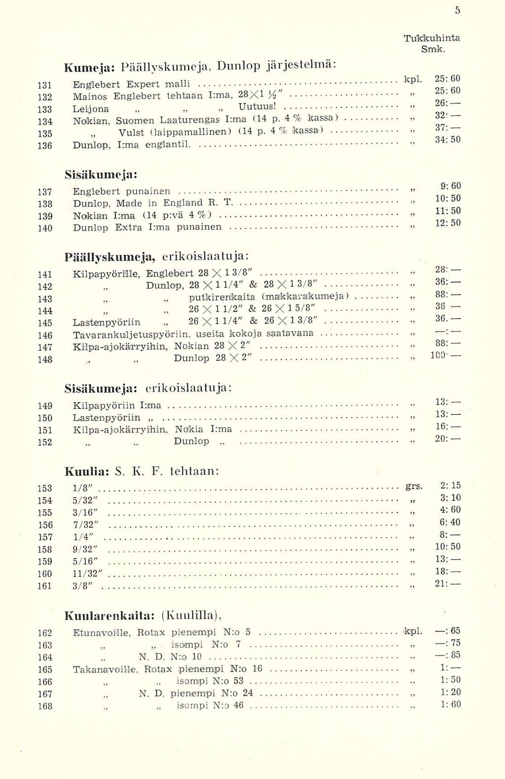 N. Dunlop, N. Dunlop isompi isompi 26 Uutuus! 34 13 1 Kumeja: Päällyskumeja. Dunlop järjestelmä; Smik.