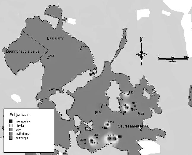 äytepisteillä SE4, SE9 ja SE27 sedimentin pinnalla on hiekkakerros.