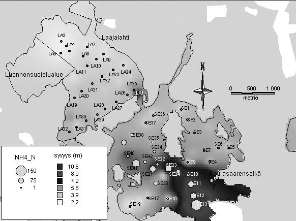 73 8.4.2 Liukoiset ravinteet Laajalahdella ammoniumtyppipitoisuus pohjan läheisyydessä vaihteli 1 4 µg l -1.