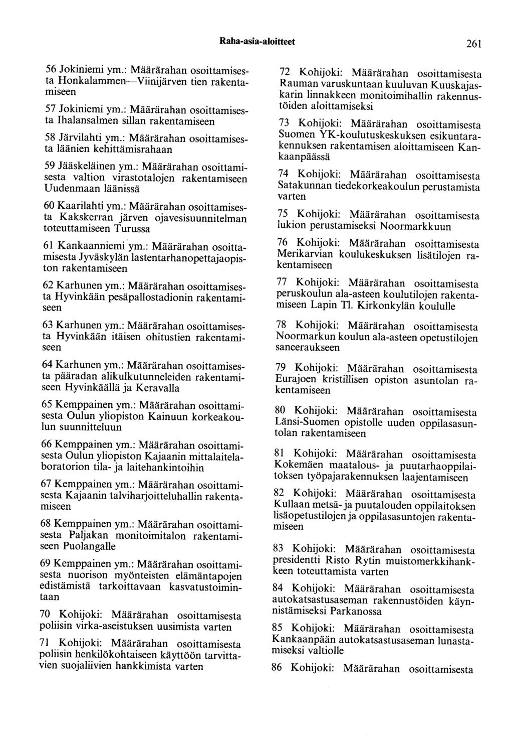 Raha-asia-aloitteet 261 56 Jokiniemi ym.: Määrärahan osoittamisesta Honkalammen-Viinijärven tien rakentamiseen 57 Jokiniemi ym.