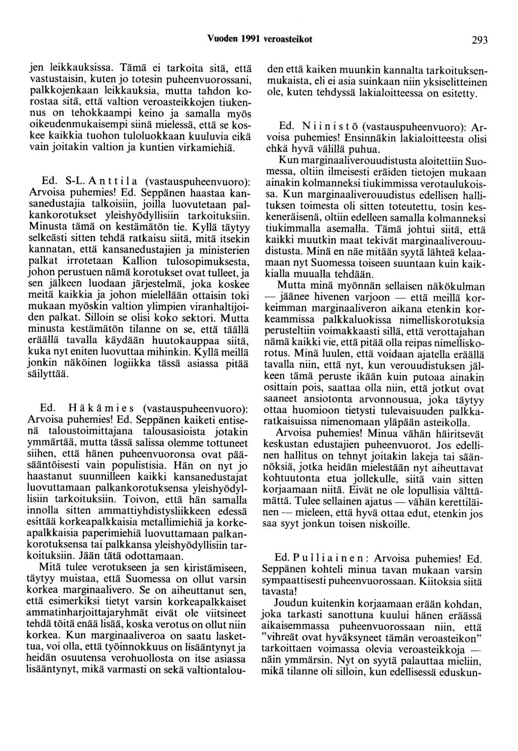 Vuoden 1991 veroasteikot 293 jen leikkauksissa.