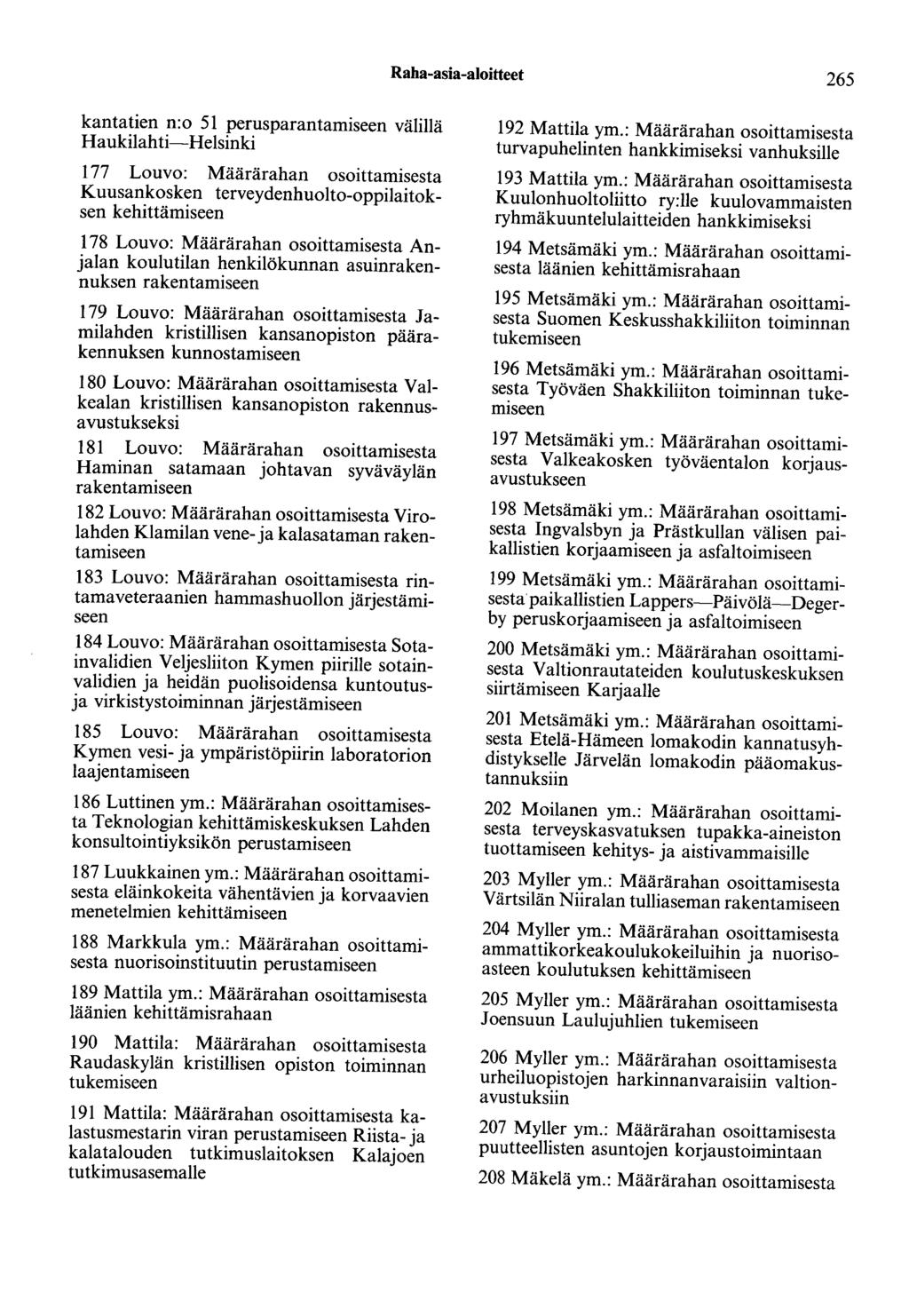 Raha-asia-aloitteet 265 kantatien n:o 51 perusparantamiseen välillä Haukilahti-Helsinki 177 Louvo: Määrärahan osoittamisesta Kuusankosken terveydenhuolto-oppilaitoksen kehittämiseen 178 Louvo: