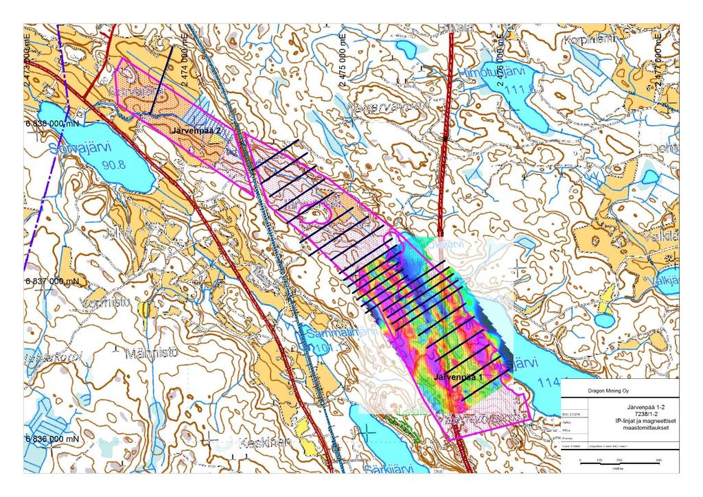 DRAGON MINING OY LOPPURAPORTTI Page 9 Kuva 4. Outokumpu Mining Oy:n mittaamien IP-linjojen sijainti sekä magneettisten maastomittausten tulkinta Järvenpään valtausalueilla. Figure 4.