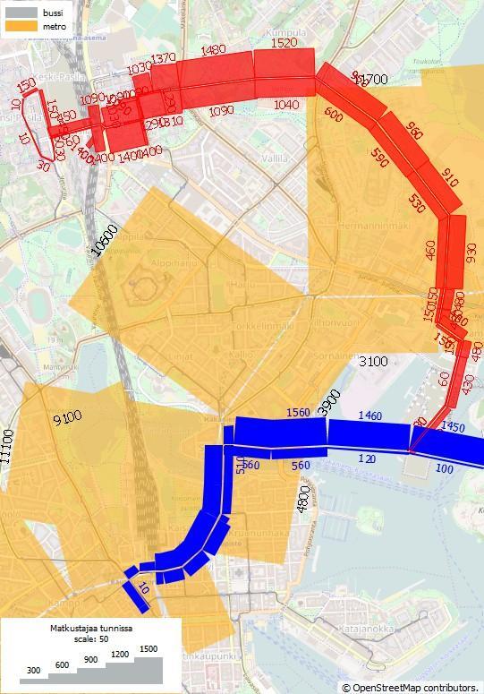 Liikennemallinnusta 4 Skenaario 4 (vasen): Kalasatama Pasila raitiolinja 10 minuutin vuorovälillä.