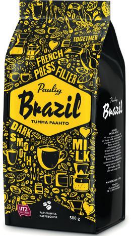 Paulig Brazil Tumma Paahto Makuvivahteena hunajaa. Täyteläinen, lempeä ja harmoninen kahvisekoitus.