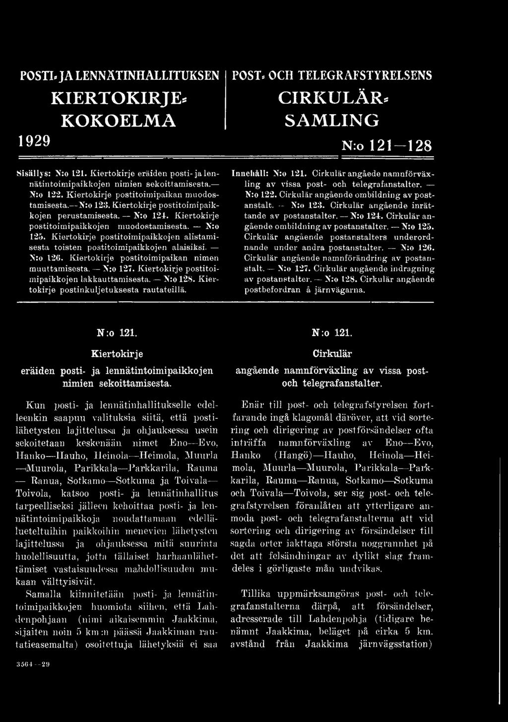 postitoimipaikan nimen muuttamisesta. K:o 127. postitoimipaikkojen lakkauttamisesta. X:o 128. postinkuljetuksesta rautateillä.