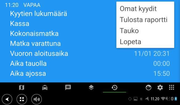 Voit lisäksi: - Hakea omalle autolle varatut kyydit - Tulostaa osavuororaportin - Aloittaa Tauon -