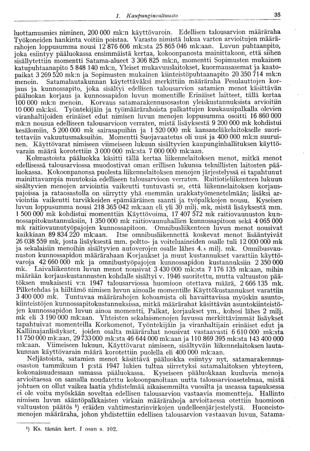 1. Kaupunginvaltuusto 35 luottamusmies niminen, 200 000 mk:n käyttövaroin. Edellisen talousarvion määräraha Työkoneiden hankinta voitiin poistaa.