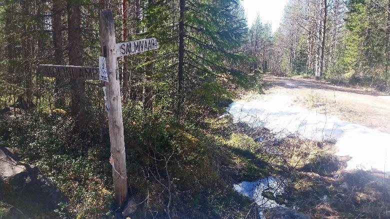 Reitti jatkuu vasemmalle, metsästysmajan tapainen pyöröhirsinen rakennus jää vasemmalle.