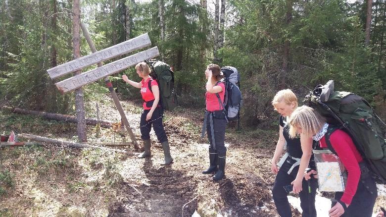 250m maantiekävelyn jälkeen reitti kääntyy työkoneuralle Puukarin pysäkki 5 viitan