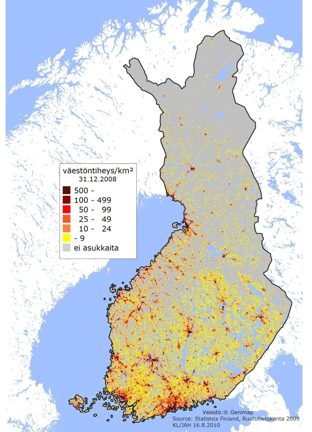Väestöntiheys Suomessa Koko EU alueen asukastiheys on n. 114 as/km2. Suomen asukastiheys on 17,6 as/km2. Uudenmaan maakunnan asukastiheys 222,6 as/km2 vastaa keskimäärin Saksan asukastiheyttä.