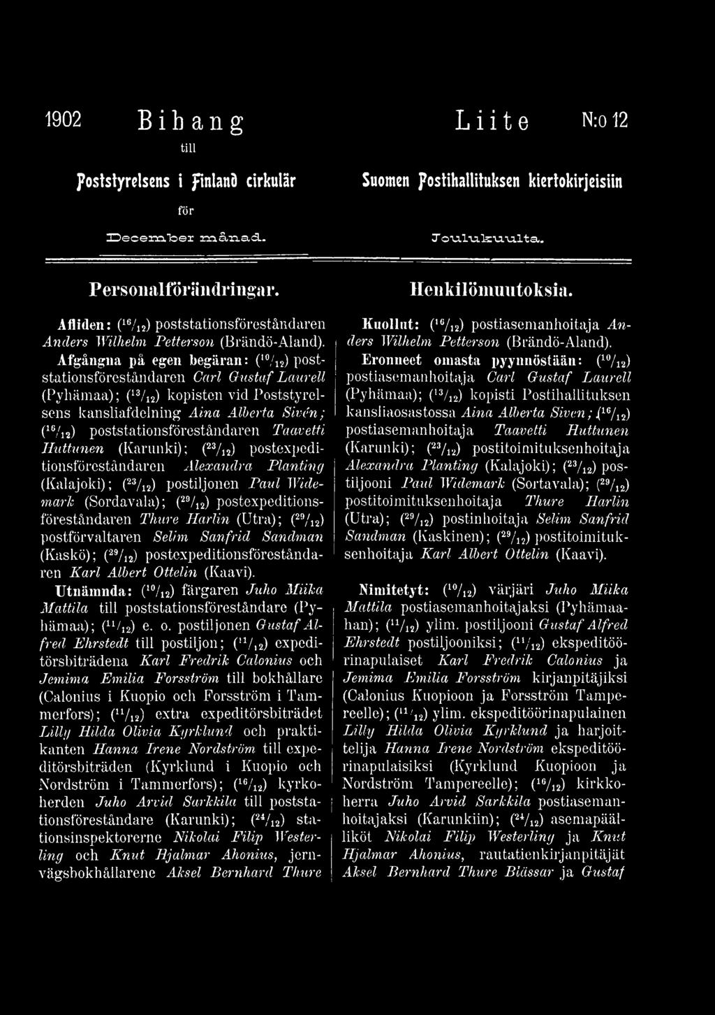 (Utra); (29/12) postförvaltaren Selim Sanfrid Sandman (Kaskö); (29/i2) postexpeditionsföreståndaren Karl Albert Ottelin (Kaavi).