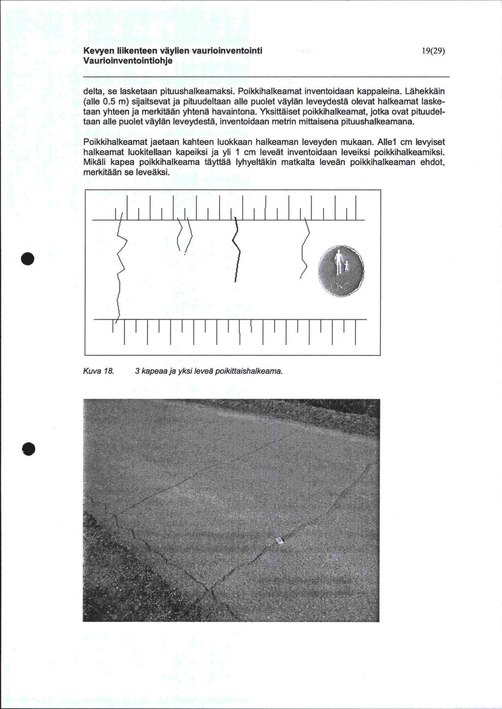 Kevyen liikenteen väylien vaurioinventointi 19(29) delta, se lasketaan pituushalkeamaksi Poikkihalkeamat inventoidaan kappaleina Lähekkäin (alle 05 m) sijaitsevat ja pituudeltaan alle puolet väylän