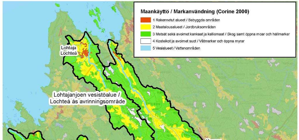 Kuva 5. Corine-aineiston mukainen maankäyttö Lohtajanjoen, Viirretjoen ja Kälviänjoen vesistöalueilla. ( SYKE, ELY-keskukset; maankäyttö Corine 2000).