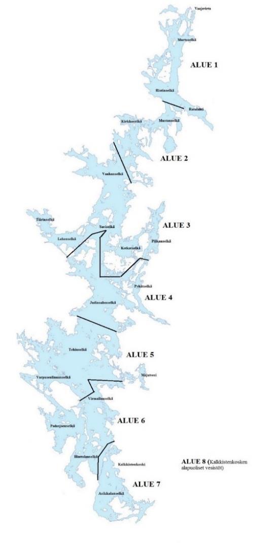 10 Istutusten ja merkkipalautusten alueellista jakaantumisen tarkastelua varten Päijänne jaettiin seitsemään alueeseen, joiden lisäksi alue 8 käsittää Kalkkistenkosken alapuoliset vesistöt (kuva 4).