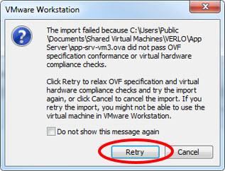 Tämä tiedosto saa VMwaren avautumaan yhdessä Import Virtual Machine (tuo virtuaalikone) -ponnahdusvalikon kanssa.