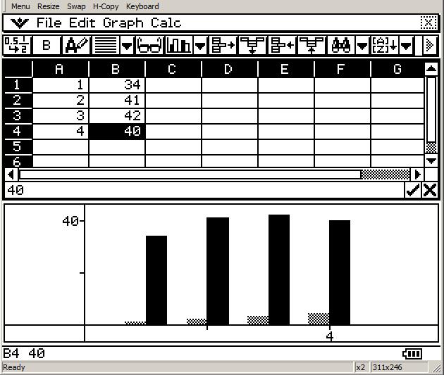 2)Interaktiivinen kaavio 1. Käynnistä Spreadsheet -sovellus. 2. Kirjoita listaan alkiot. 3. Aktivoi solualue ja piirrä tietoja vastaava pylväsdiagrammi klikkaamalla sen kuvaketta. 4.