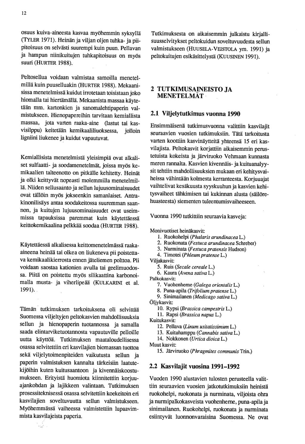 12 osuus kuiva-aineesta kasvaa myöhemmin syksyllä (TYLER 1971). Heinän ja viljan oljen tuhka- ja piipitoisuus on selvästi suurempi kuin puun.